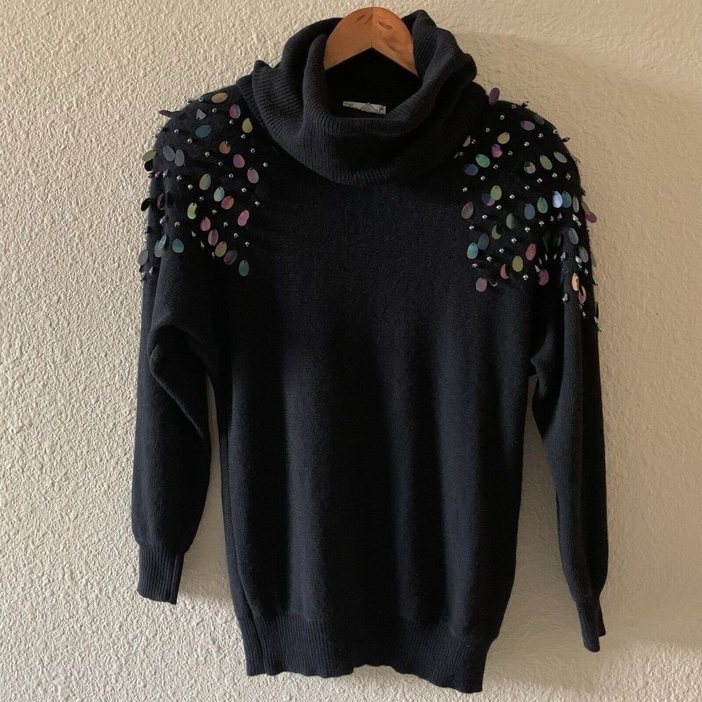 Eminent Women's Medium Black 80s Lambswool Cowl Neck Sweater with Sequin & Beads